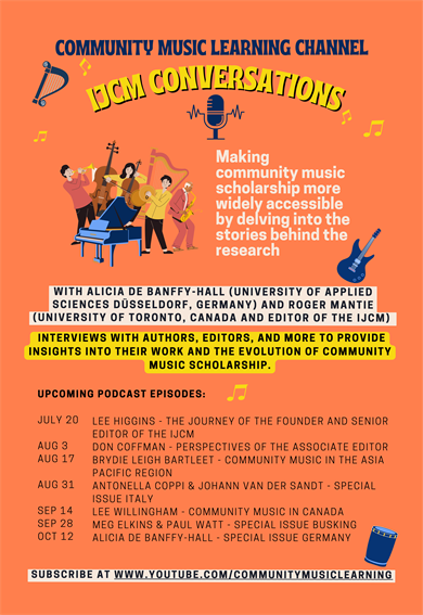 Ein Werbeplakat für die Podcastserie "International Journal of Community Music Conversations" mit Prof. Dr. Alicia de Bánffy-Hall und Prof. Dr. Roger Mantie (Toronto University, Canada). 